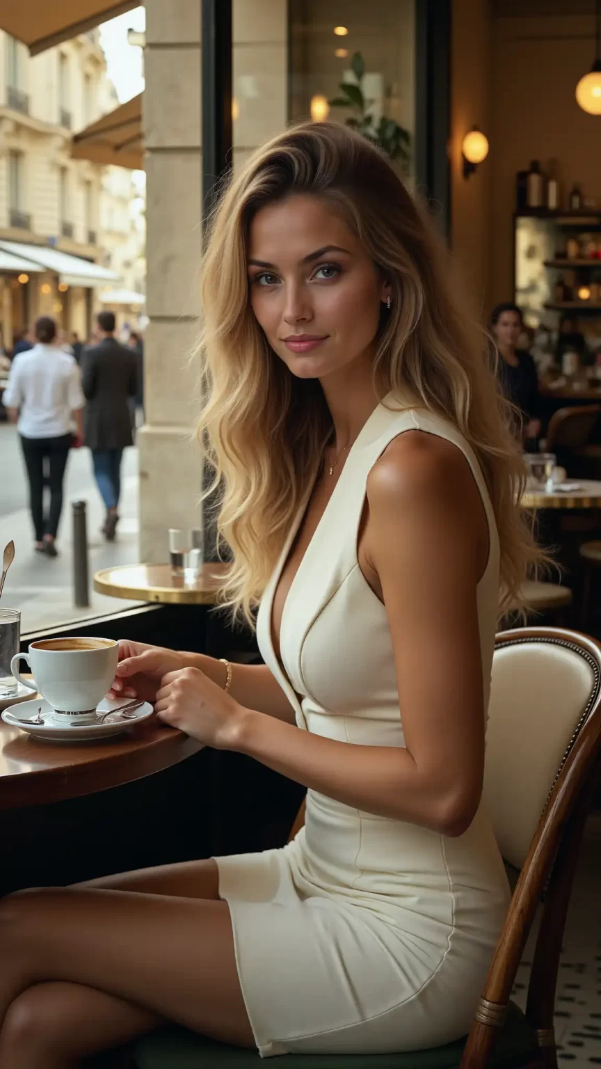 young elegant woman sitting alone in a café with a distant expression reflecting on emotional connection online and feeling unseen despite recognition