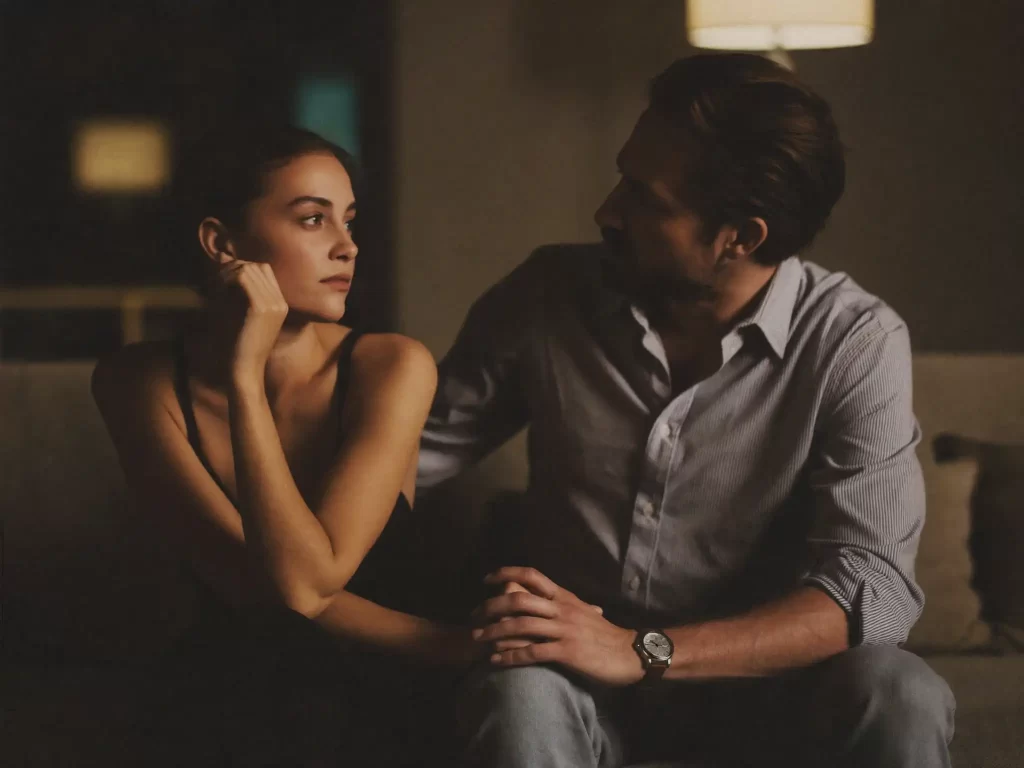 subtle emotional attraction and quiet tension between two people sitting close together